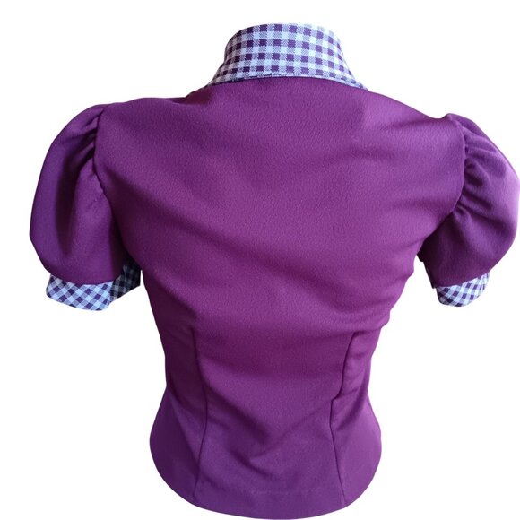 Vintage Medium Women's Top Puff Sleeves Texas Purple Blouse Gingham Collar Crop - Picture 4 of 5